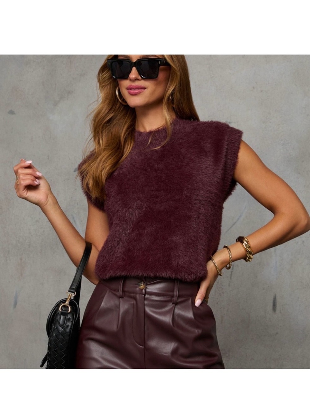 English Factory Faux Fur Sleeveless Crop Top - Burgundy